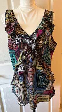 Spense Sleeveless Ruffle Front Geometric Print Blouse